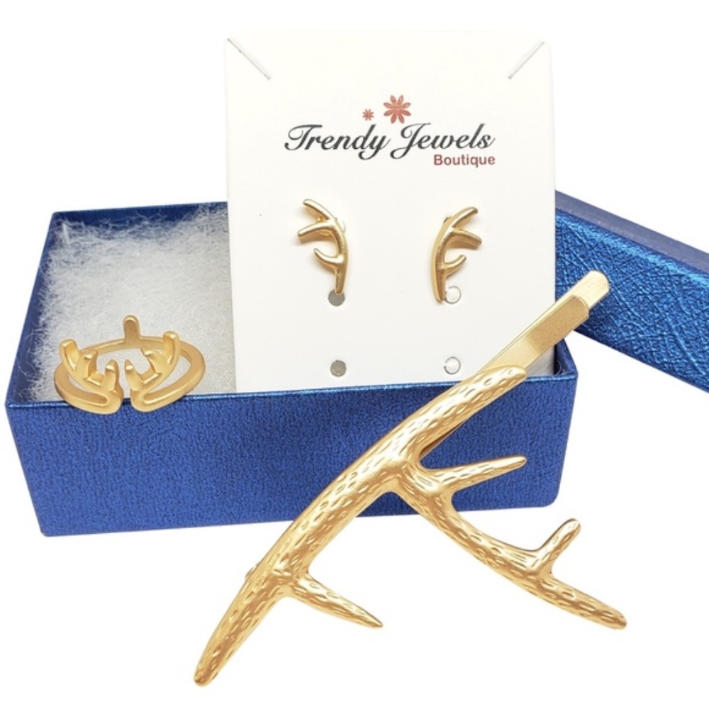 x3 Christmas Holiday Antler Jewelry Antler Earrings Antler Ring Antler Hair Clip